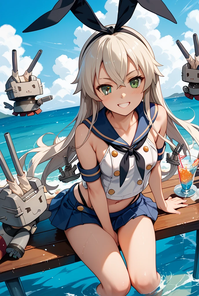 anime girl, white hair, long hair, smiling, sweating, topless, bikini,blue shorts, , captain haitt
, pony tail, blue eyes, medium Breasts, black bra, top down view, holding breasts, hands in breasts, on a battleship