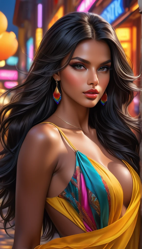 High-quality realistic acrylic art, vivid colors, a cuban girl, face the same as the previous model, in a black dress walking through the streets of Havana at night, with a neckline that shows off the weights, and he is caressing his neck.
