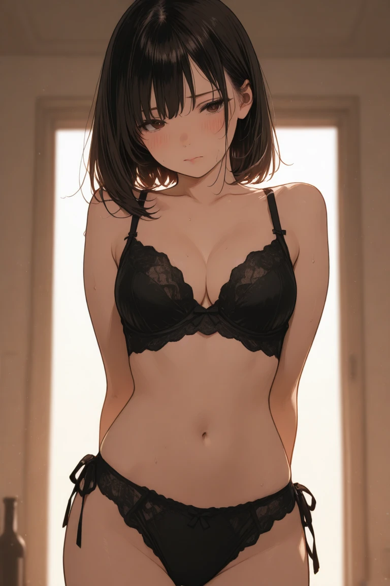 Bra, lower body, Japanese, very short, pubic hair, beautiful breasts, embarrassing, shyness, worries, beautiful breasts, black hair, changing room, changing clothes, standing, underwear only, underwear, arms