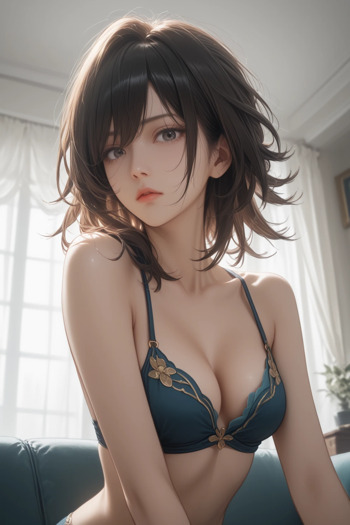 a sexy woman, soft light, (best quality), (masterpiece), (1girl), slim, anime, tall, (lingerie), (profile view), (green eyes), (flat chested), ()
