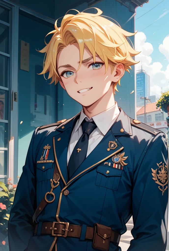 1boy, lemon yellow hair, beautiful boy, blue eyes, military uniform, light blue clothes