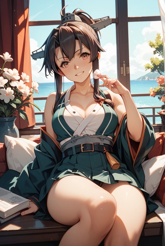(Fox Girl, Fox Ears, Black colored hair, Fox Makeup, One Girl, Long Hair:1.6), (kimono, Kimono with open chest, A beautiful kimono with red and black patterns, I can see her cleavage, Open chest, Exposed skin:1.8), (Body size is 100-70-90!, Nice body, Big Breasts, Soft breasts, Emphasize cleavage, Knees are slightly visible, Muscular, Abdominal muscles, Grab your own chest:1.9), Avatar, face, lewd face, Dominant representation, naughty face, Uplifting, Skin Texture, outside, Grassy field