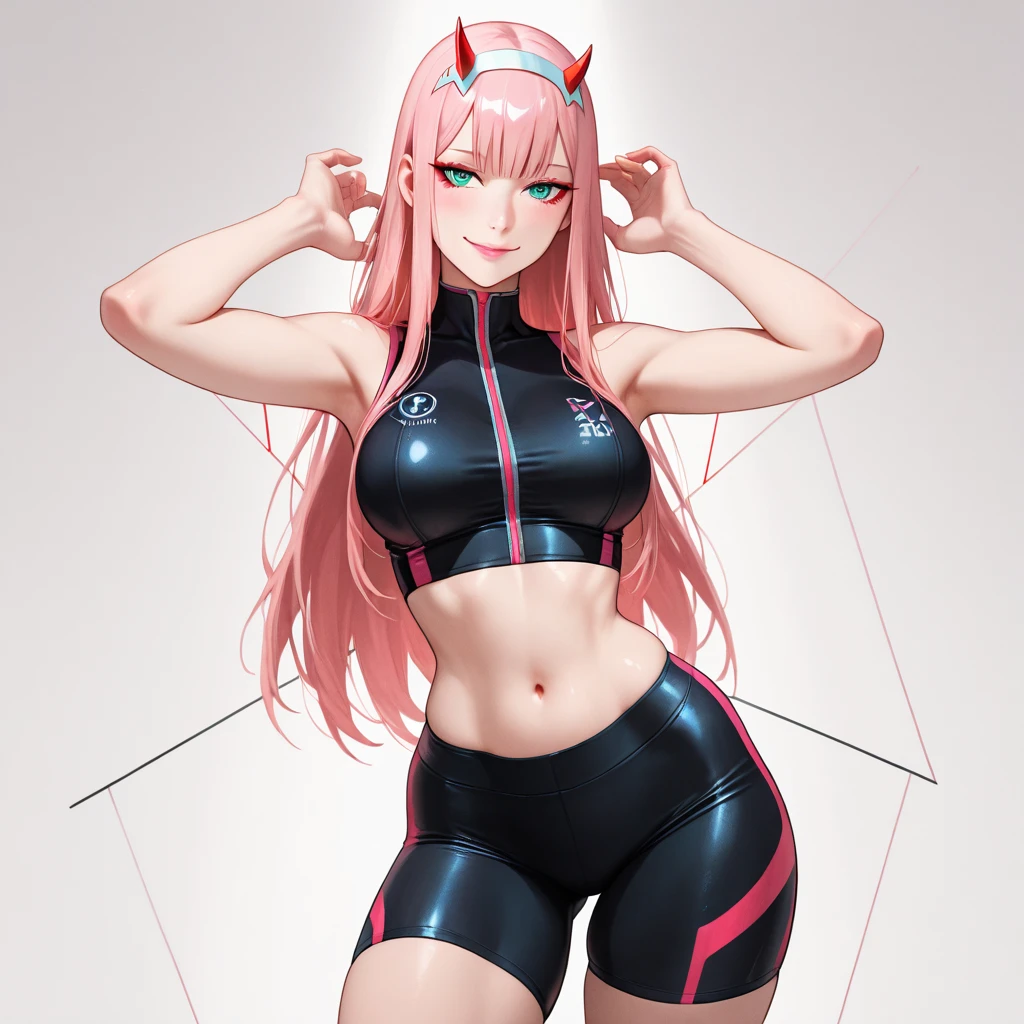 1 girl, Zero Two (Darling in the Franxx) with red horns and red eyeliner, wearing a hairband, shimmering pink hair peeking out from under a strict white hairband. Her smirk reveals her slender but beautiful figure, clad in a crop top that exposes her toned stomach, abs, and navel. Her collarbone is accentuated by a red gradient background. abandoning modesty, she looks down at the viewer, revealed are her large breasts covered by black panties with a thigh strap, black stockings, and an upskirt that tantalizes with a glimpse of her ass. The background text reads "fuck me," adding to the