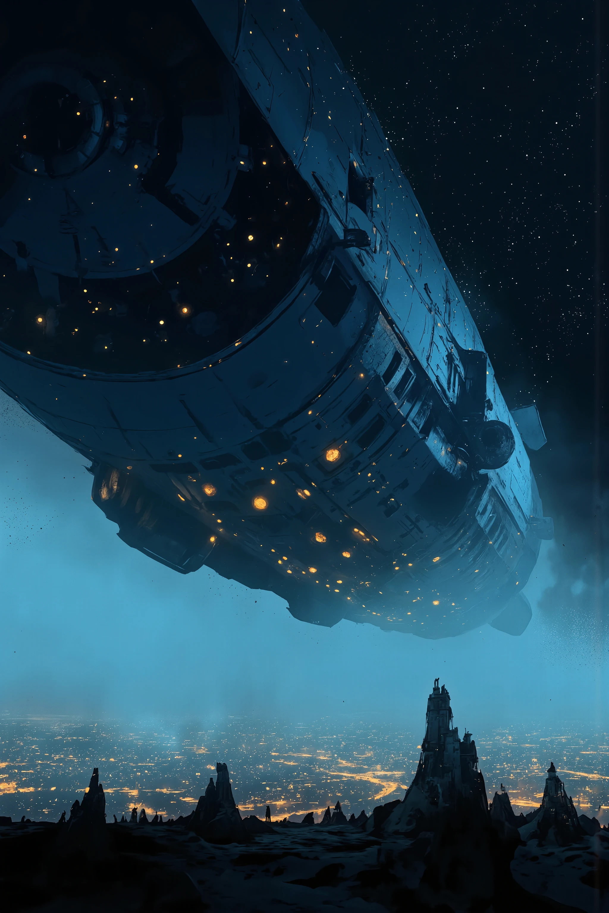 An image of a gigantic spaceship dominating the sky, covered in a deep blue color, with countless lights scattered around, creating a mysterious and otherworldly atmosphere. The extraordinary, craft-like spaceship hovers low over the bustling cityscape. Silhouettes of inhabitants are scattered in the foreground—people appear small and are almost indistinguishable.
Warm golden hues sporadically inhabit the surface of the ship, as if the twinkling city lights at night enhance the mysterious and otherworldly atmosphere, in contrast to the surrounding cool blues. A misty ambiance casts shadows on the small silhouettes of people, slightly obscuring the environment.
Stars emphasize the immeasurable scale of the ship overhead, while the overwhelming presence of the spaceship evokes awe and a sense of insignificance. Spectators witness an event far beyond ordinary human experience.
This scene takes on an underwater city style, like an underwater metropolis, or a floating city in the sky—set in the depths of space, evoking the feeling of a futuristic underwater metropolis, a science fiction painting, a floating city, or even a sense of hometown.