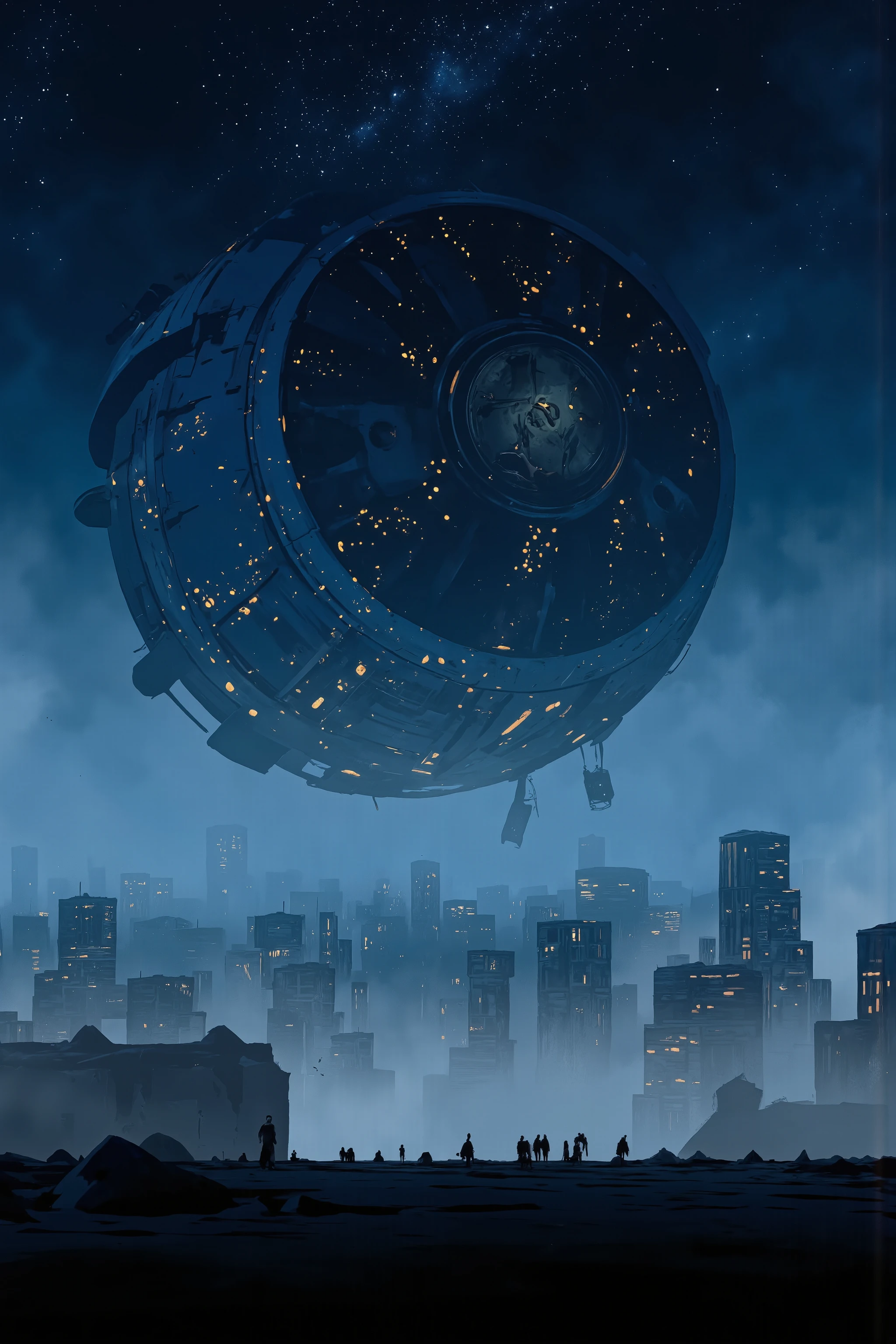 An image of a gigantic spaceship dominating the sky, covered in a deep blue color, with countless lights scattered around, creating a mysterious and otherworldly atmosphere. The extraordinary, craft-like spaceship hovers low over the bustling cityscape. Silhouettes of inhabitants are scattered in the foreground—people appear small and are almost indistinguishable.
Warm golden hues sporadically inhabit the surface of the ship, as if the twinkling city lights at night enhance the mysterious and otherworldly atmosphere, in contrast to the surrounding cool blues. A misty ambiance casts shadows on the small silhouettes of people, slightly obscuring the environment.
Stars emphasize the immeasurable scale of the ship overhead, while the overwhelming presence of the spaceship evokes awe and a sense of insignificance. Spectators witness an event far beyond ordinary human experience.
This scene takes on an underwater city style, like an underwater metropolis, or a floating city in the sky—set in the depths of space, evoking the feeling of a futuristic underwater metropolis, a science fiction painting, a floating city, or even a sense of hometown.