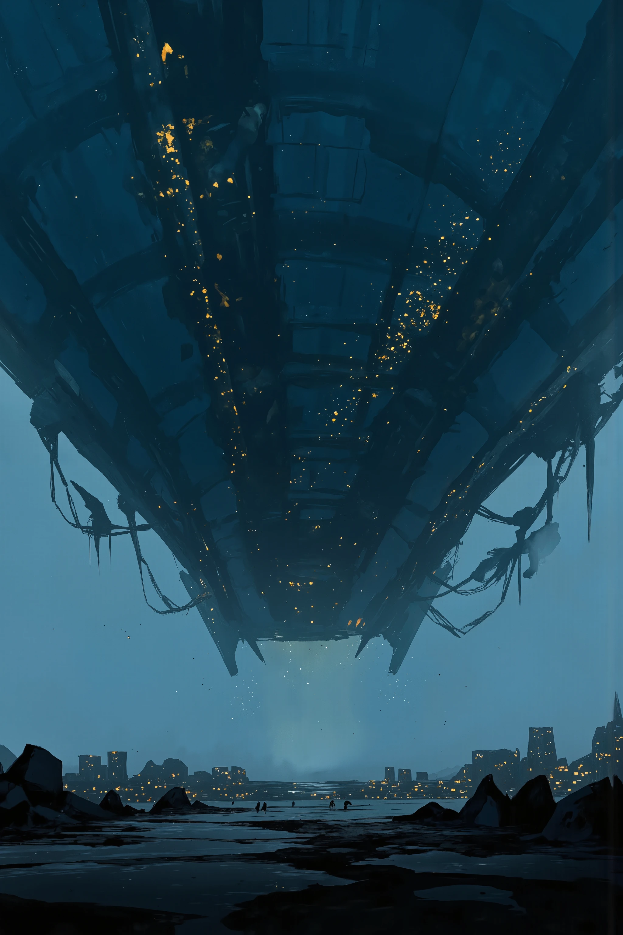 An image of a gigantic spaceship dominating the sky, covered in a deep blue color, with countless lights scattered around, creating a mysterious and otherworldly atmosphere. The extraordinary, craft-like spaceship hovers low over the bustling cityscape. Silhouettes of inhabitants are scattered in the foreground—people appear small and are almost indistinguishable.
Warm golden hues sporadically inhabit the surface of the ship, as if the twinkling city lights at night enhance the mysterious and otherworldly atmosphere, in contrast to the surrounding cool blues. A misty ambiance casts shadows on the small silhouettes of people, slightly obscuring the environment.
Stars emphasize the immeasurable scale of the ship overhead, while the overwhelming presence of the spaceship evokes awe and a sense of insignificance. Spectators witness an event far beyond ordinary human experience.
This scene takes on an underwater city style, like an underwater metropolis, or a floating city in the sky—set in the depths of space, evoking the feeling of a futuristic underwater metropolis, a science fiction painting, a floating city, or even a sense of hometown.