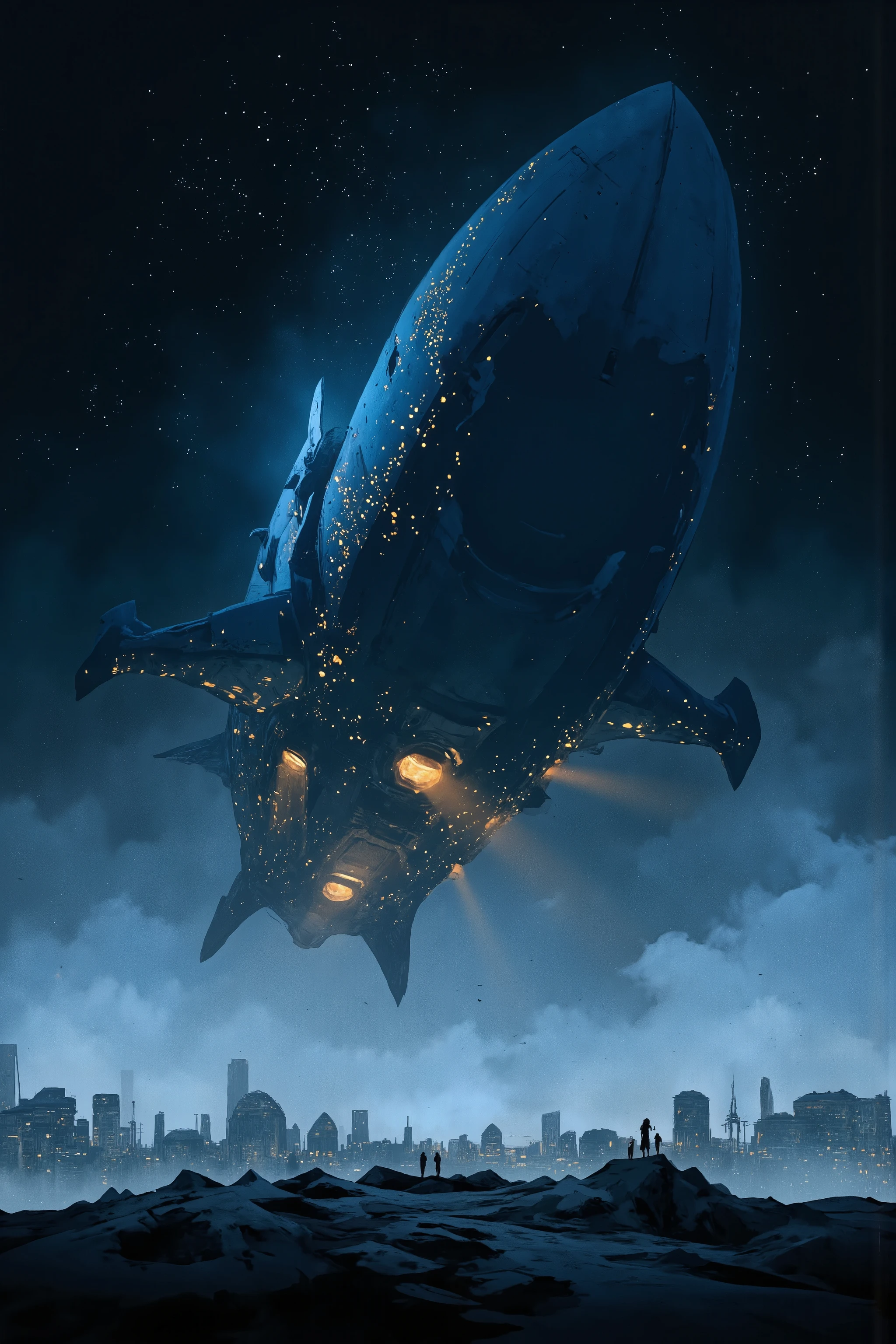 An image of a gigantic spaceship dominating the sky, covered in a deep blue color, with countless lights scattered around, creating a mysterious and otherworldly atmosphere. The extraordinary, craft-like spaceship hovers low over the bustling cityscape. Silhouettes of inhabitants are scattered in the foreground—people appear small and are almost indistinguishable.
Warm golden hues sporadically inhabit the surface of the ship, as if the twinkling city lights at night enhance the mysterious and otherworldly atmosphere, in contrast to the surrounding cool blues. A misty ambiance casts shadows on the small silhouettes of people, slightly obscuring the environment.
Stars emphasize the immeasurable scale of the ship overhead, while the overwhelming presence of the spaceship evokes awe and a sense of insignificance. Spectators witness an event far beyond ordinary human experience.
This scene takes on an underwater city style, like an underwater metropolis, or a floating city in the sky—set in the depths of space, evoking the feeling of a futuristic underwater metropolis, a science fiction painting, a floating city, or even a sense of hometown.