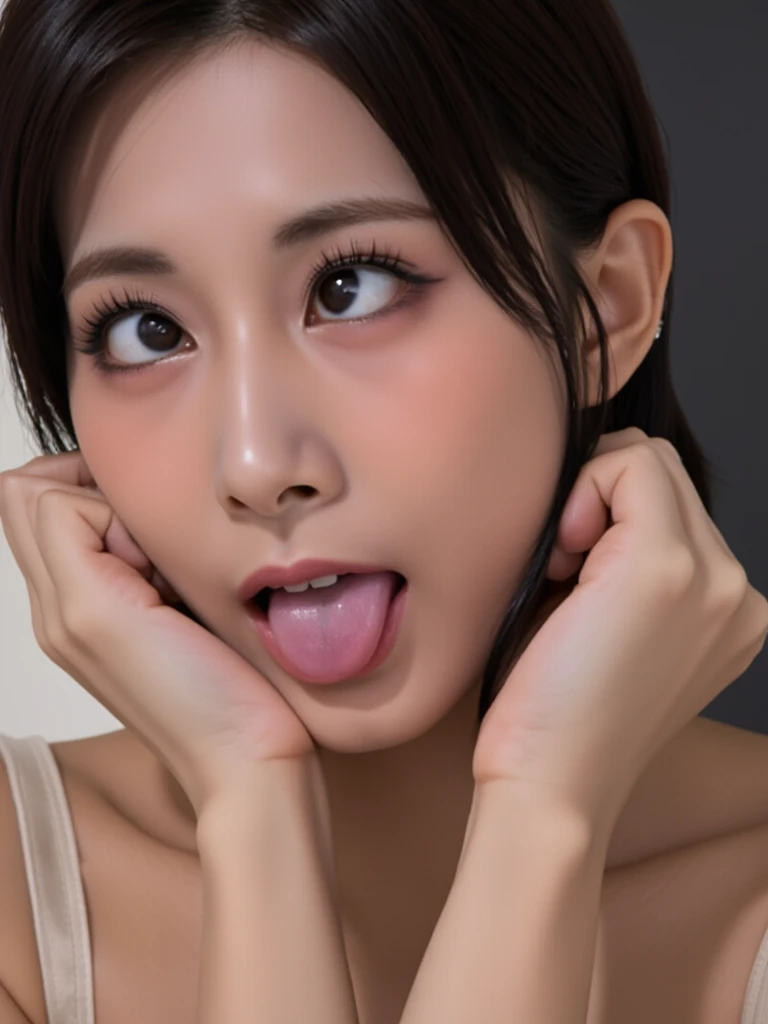 8K quality、High resolution、Realistic skin texture、High resolutionの瞳、Detailed face、Blowjobする女、Brown long hair、、A tank top made from lightweight fabric、thin、Model Body Type、Realistic female genitalia、Deep and realistic penis swallowing、Blowjob、deep throat、Semen-covered body、put penis in mouth all the way to the base、、