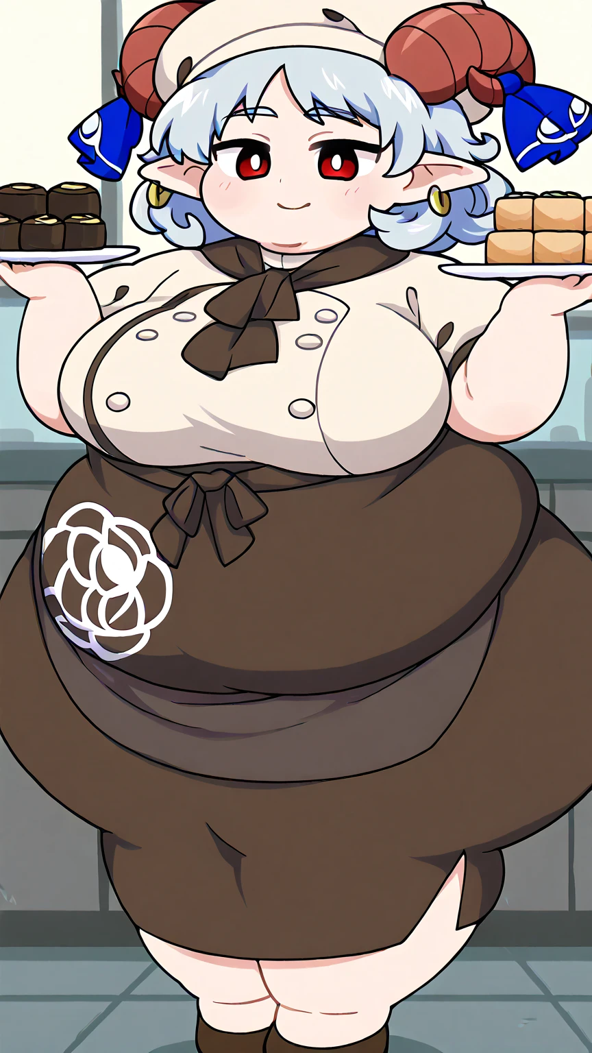 1girl, bottom-heavy figure, ((((incredibly big booty)))), ((((big ass)))), plump, incredibly plump, (big belly), pout, embarassed, wide, (((obese))), (((fat))), ((love handles)), double chin, out of shape, obese, fatty, shortstack, short woman, (((flat chest))), (milf), small height, mature, standing, full body, bbw, ssbbw,  Sakuya Iazyoi (Touhou), silver short hair, black bikini, pantyhose, high heel