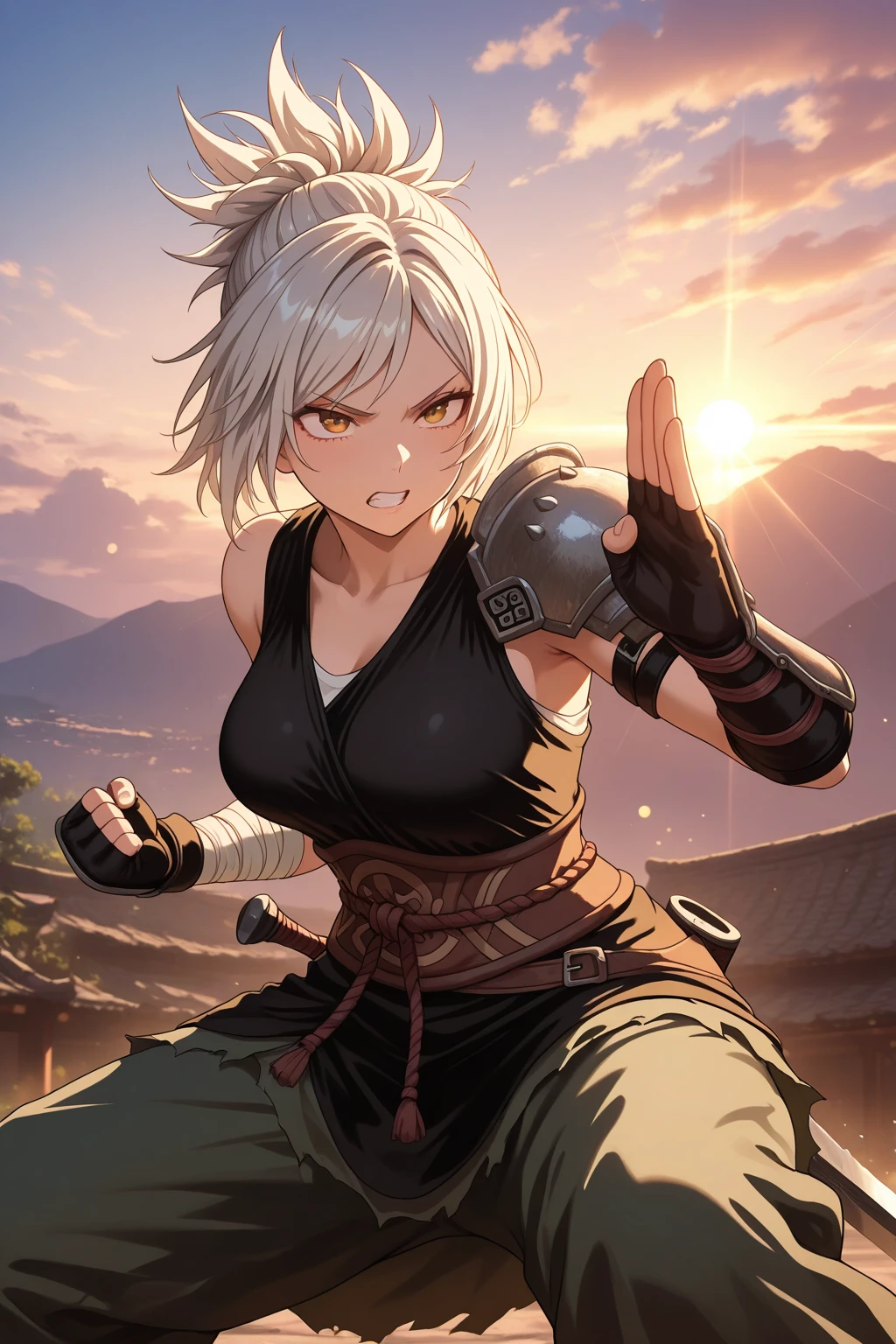 ((masterpiece, best quality)),(complex light),solo,solo focus,1girl,asura, white hair, bright eyes, furious, golden arms, simple background, jump, punch, destroyed debris background,tomboy, happy, smile, short hair, alone,portrait, walking, big breast, full body, walking, smile, happy, coat, pole-shirt, village, forest, europe, medieval village