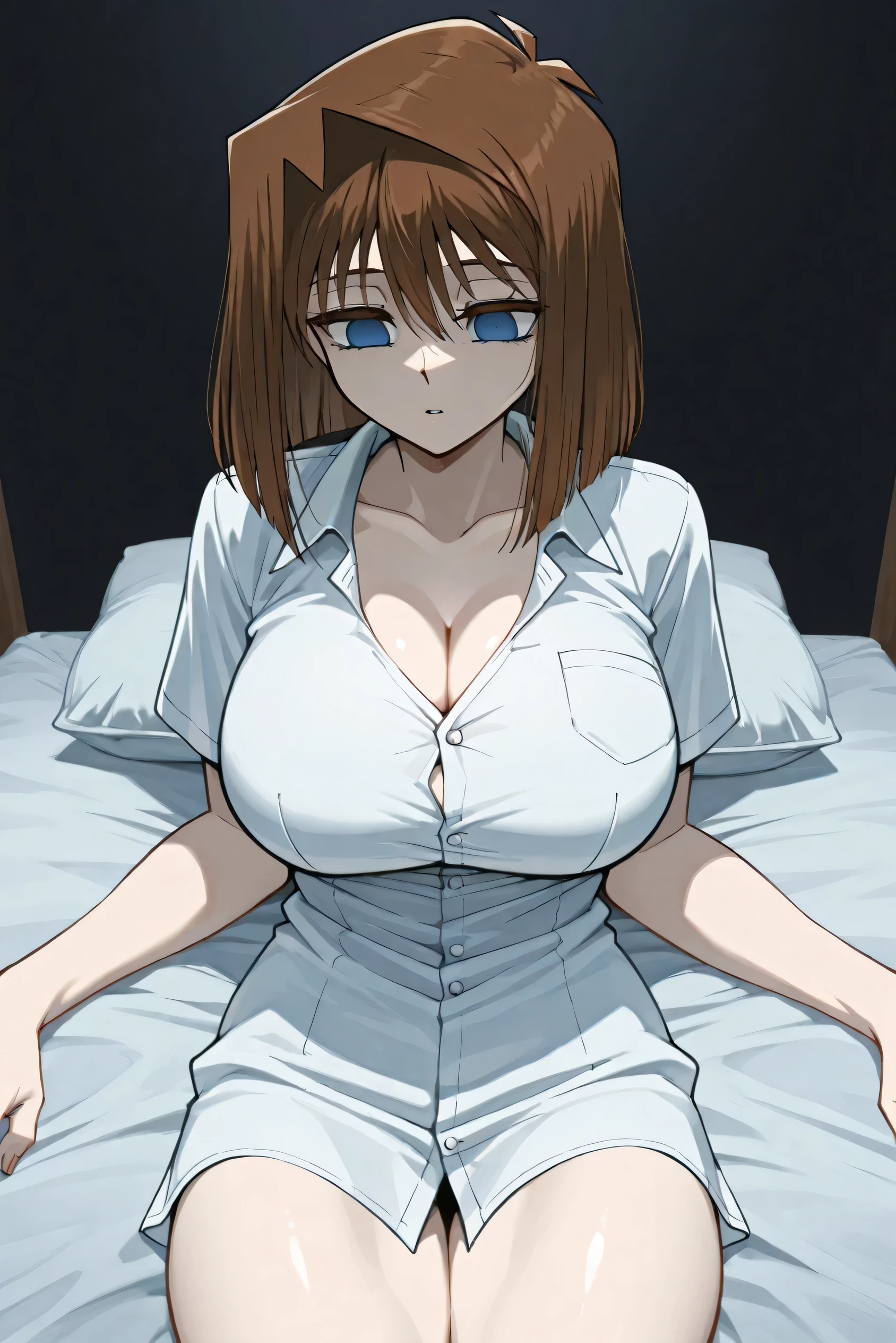 <lora:TomoeKoga-08:0.7>, masterpiece, high quality, perfect lightning, EBTomoeKoga, 1girl, solo, looking at viewer, blush, short hair, grey eyes, breasts, medium breasts, thighs, thick thighs, dress shirt, shirt, white dress, white panties, no bra, partially unbuttoned, sitting, on bed, indoors, looking at viewer, blush, nose blush, embarrassed, shy, closed mouth