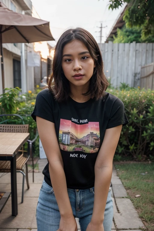 "Generate a photo-realistic image portraying a Hispanic-Filipina woman, aged 28, standing in a living room of a condo apartment in the Philippines. Her skin is dark tan, complementing her Hispanic-Latin-Filipina heritage. She has a slender,  figure and sports waist-length, thick hair and a flat nose. Her outfit consists of small shorts and a t-shirt. The setting is captured in the evening with twilight hues filtering through the living room window. The photograph should focus on capturing detailed emotions in her angry, pouting face and the rich details of her hair, using a 2.8 aperture for a depth of field effect."

