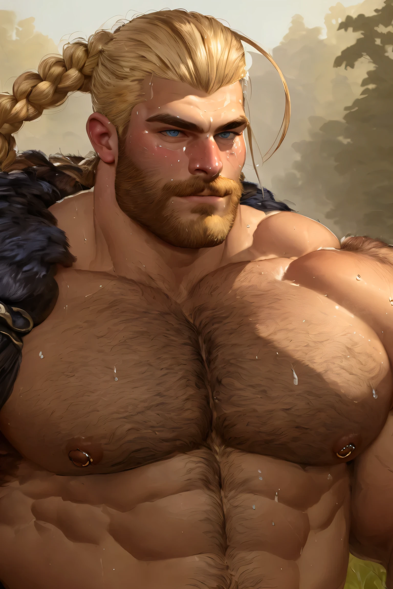 Ultra-detailed fantasy portrait of a colossal barbarian warrior inspired by 80s pulp art, massive and imposing physique, muscular but thick and powerful, hairy chest and shoulders covered with a thick golden-blonde fur, big round large heavy pecs, big thick red nipples protruding, glistening tanned skin, (focus on face:1.0) (rugged and savage detailed handsome face:1.0), (strong jaw), (piercing icy blue eyes), (close-up face:1.5) (portrait:1.0) thick blonde mustache, side-shaved head with a braided topknot running down his back, bright lighting on front, clear light on face and body, hyperrealistic textures, sweat sheen on skin and hair, wearing nothing and bare chest, his massive shoulder, standing in a wild meadow, epic barbarian fantasy vibe, highly detailed, photorealistic, pulp fantasy illustration