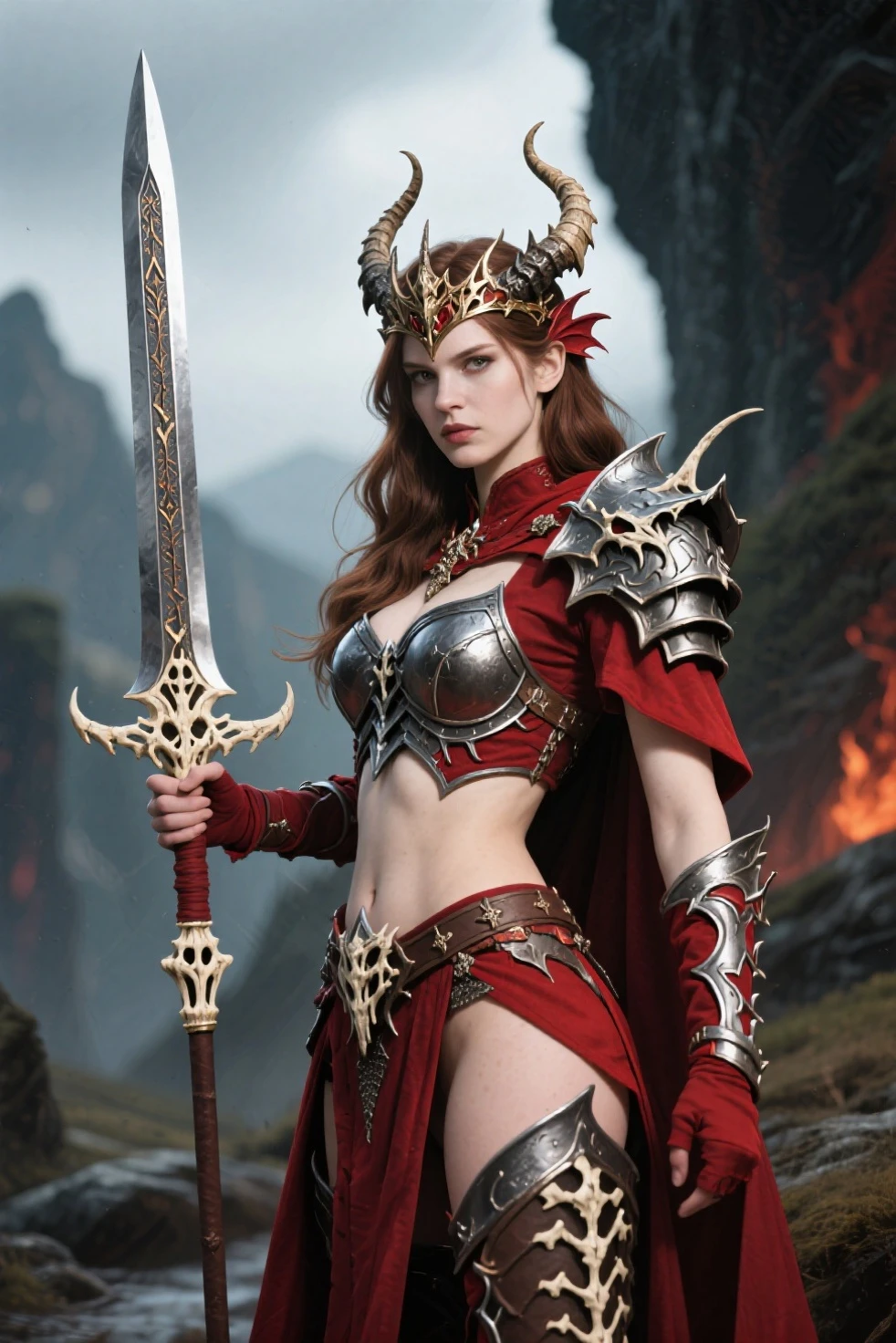 top-quality、Beautiful Russian women、｛｛｛The whole body is shown｝｝｝、Female Devil King、Female devil、Red eyes、Demon armor、The Devil's Bikini Armor、fanciful、Long horns on the head、dark castle、Grand background