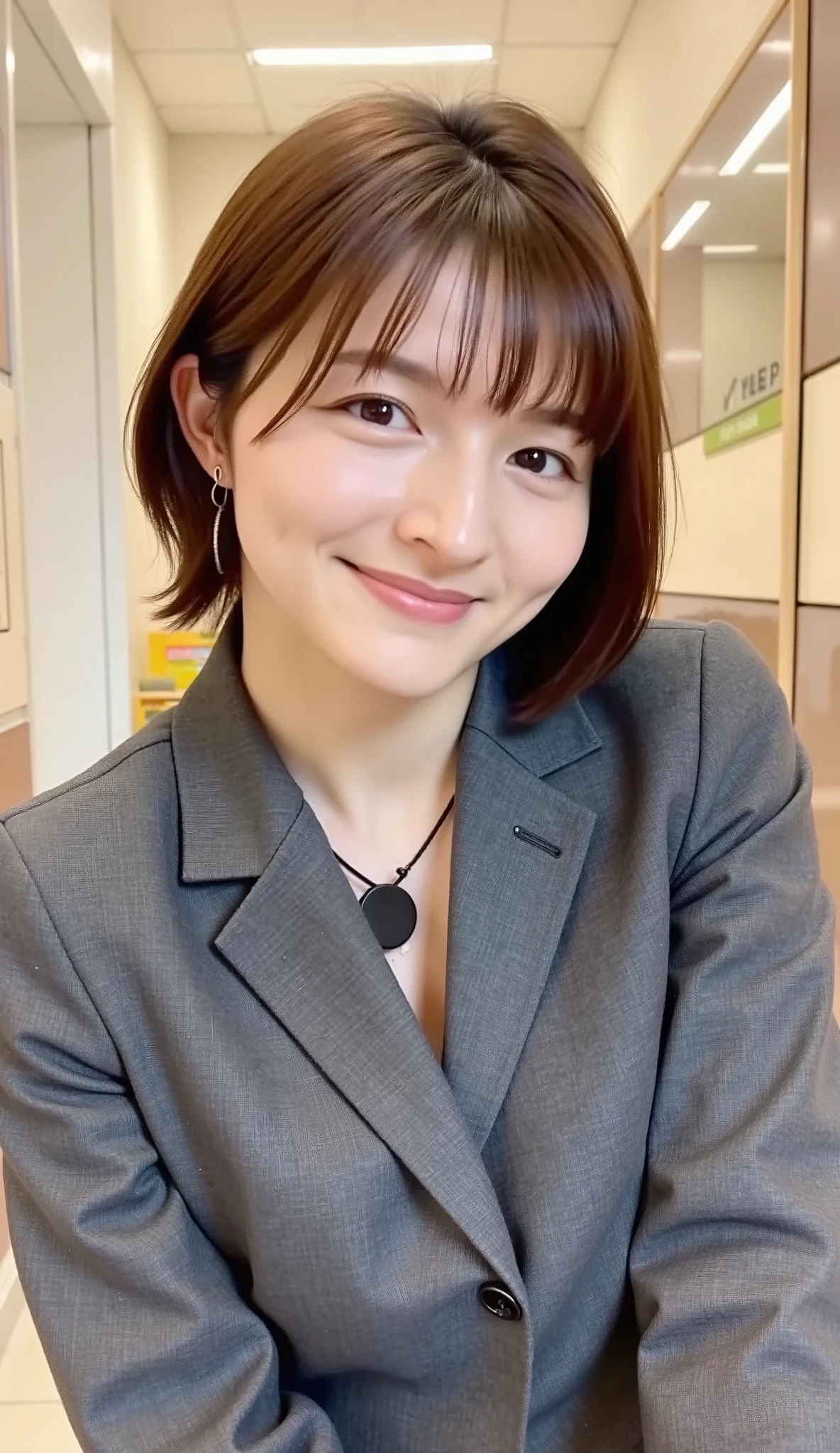 Neat Young Woman、and look at the camera、office lady suit、jacket、shirt、necklace、、ear piercing、、Slightly smiling、、background is office