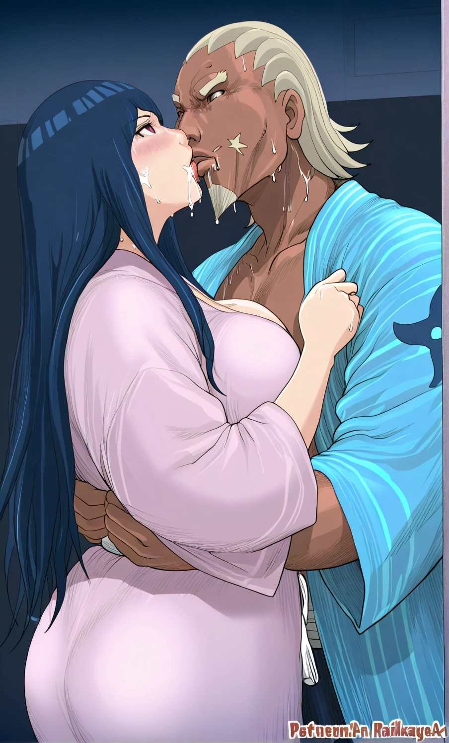 NSFW,masterpiece,Highest quality,High resolution,Super detailed,dawn_\(pokemon\),blue eyes, Blue Hair, Long Hair, Side Lock, Hair Clip,High-quality yukata,Embarrassed,blush,sake,Intoxication,Drunk,Inn at night,Japanese-style room,tatami,futon,(Middle-aged men),A man puts his hands on her waist and hugs her,Sitting,A man rubs his chest,Body touch,sexual harassment