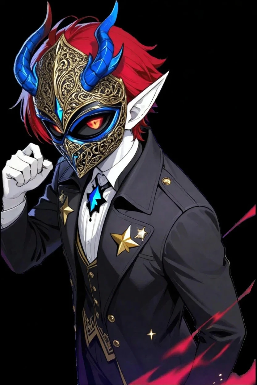 ((masterpiece,best quality)), absurdres, (suit, tuxedo, formal clothes,:1.3) 
<lora:Majora_Zelda:0.8>, Majora_Zelda, solo, 1boy, mask, horns, glowing eyes,
dark, horror (theme), 
solo, looking at viewer, cowboy shot,