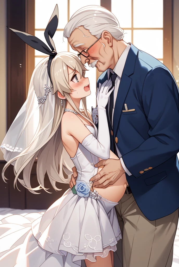 ((Highest quality)), ((masterpiece)), (detailed), （Perfect Face）、The woman is a tiare with green eyes, blonde medium-long hair, and an engagement ring. She takes off her underwear, straddles the man on the bed, inserts his penis into her pussy, and makes him ejaculate. The couple has sex while still in their wedding dress.、The woman is wearing a gorgeous, dazzlingly jeweled wedding dress, a wedding veil, a gorgeously jeweled wedding headdress chain, gorgeous jeweled earrings, and other gorgeous, glittering accessories, and is in her marital bedroom with a dignified, bearded, elderly man.、The man is a naked, dignified, bearded old man, very wealthy and wearing an engagement ring.