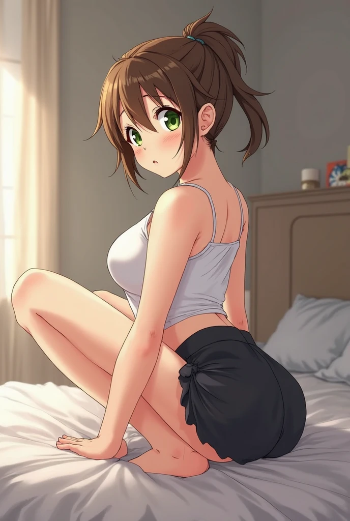 [ochako uraraka], [Boku no hero academia], ((masterpiece)), ((HD)), ((high quality)), ((solo portrait)), ((side view)), ((anime)), ((Kohei Horikoshi)), ((detailed shading)), ((cel shading)), ((intricate details)), {ochako, (rosy cheeks), big round brown eyes, short brown hair, short eyelashes, large boobs, (gorgeous hipeautiful legeautiful feet), (cute smile)}, {(white bra), (black mini-skirt)}, {(on rug), (on knees), {(on all fours, elbows resting on rugm back arched, body tilted downwards, butt poking over head)}, (looking at viewer)}, [Background; (living room), (window), (blue sky), (sun rays)]