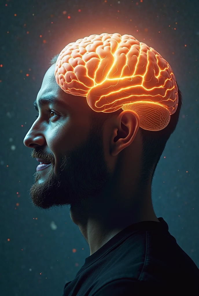Man with half head showing brain and half head with hair and in his hand a human brain
