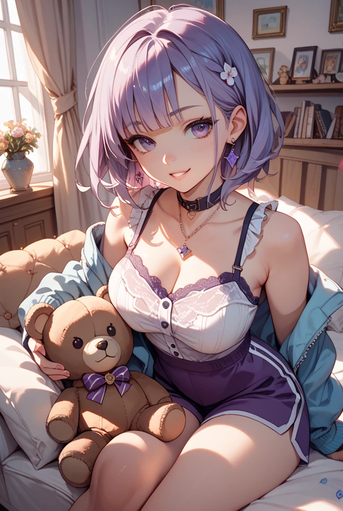 (masterpiece, best quality, hires, high resolution:1.2), (extremely detailed, intricate details, highres), 1girl, solo, closeup, dressed in tight top, cleavage, dirty two tones pastel violet hair, fair pale skin, happy, cuddling with a teddy bear, soft, comfy, cozy, beautiful hazelnut eyes, hard shadows, dark, nighttime, overexposed filter