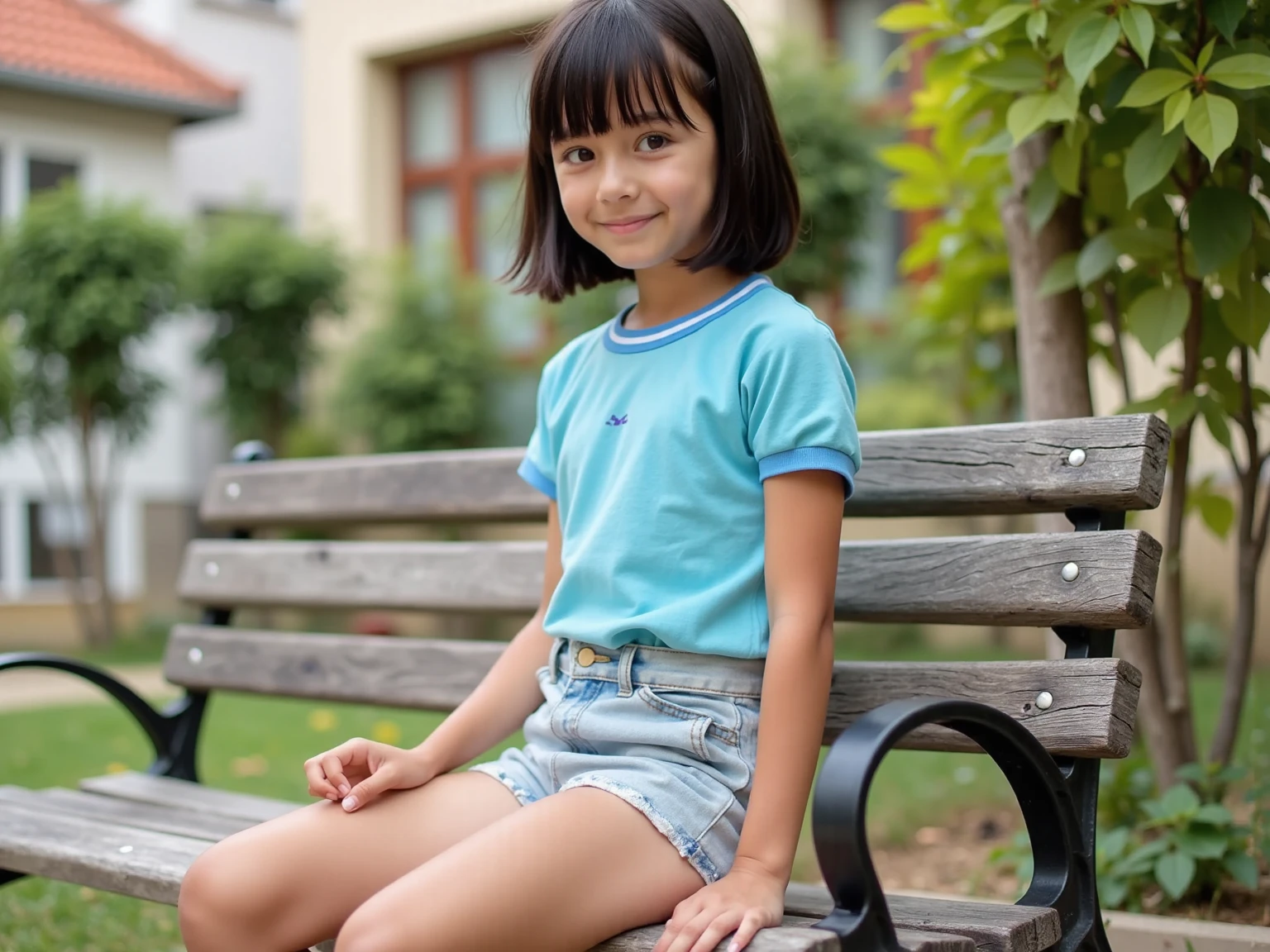 7 year old girl, brown hair, wearing a blue skirt, crop top, barefoot, sitting in a bench, in a park