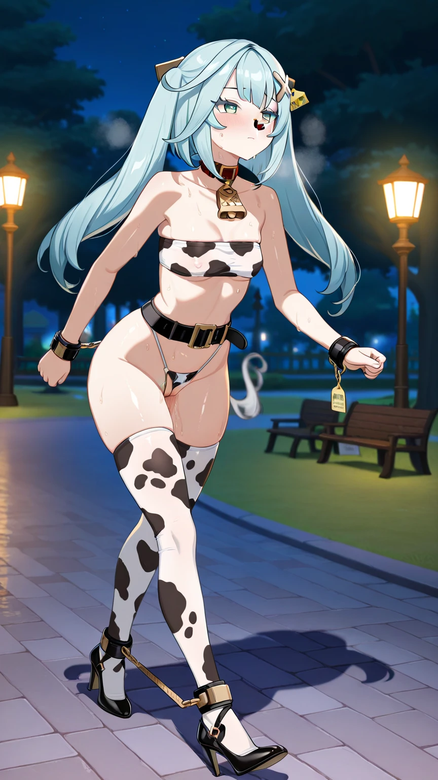 (masterpiece, best quality), outdoors, cliffside, ocean, from beind, 1girl, solo, AlejandraColdthorn, blue eyes, furry, fur, colored skin, cow girl, cow tail, snout, large breasts, <lora:AlejandraColdthorn_V1-Manityro-Dadapt:1.0>, looking back, glasses, neck bell, black dress, long dress, hooves