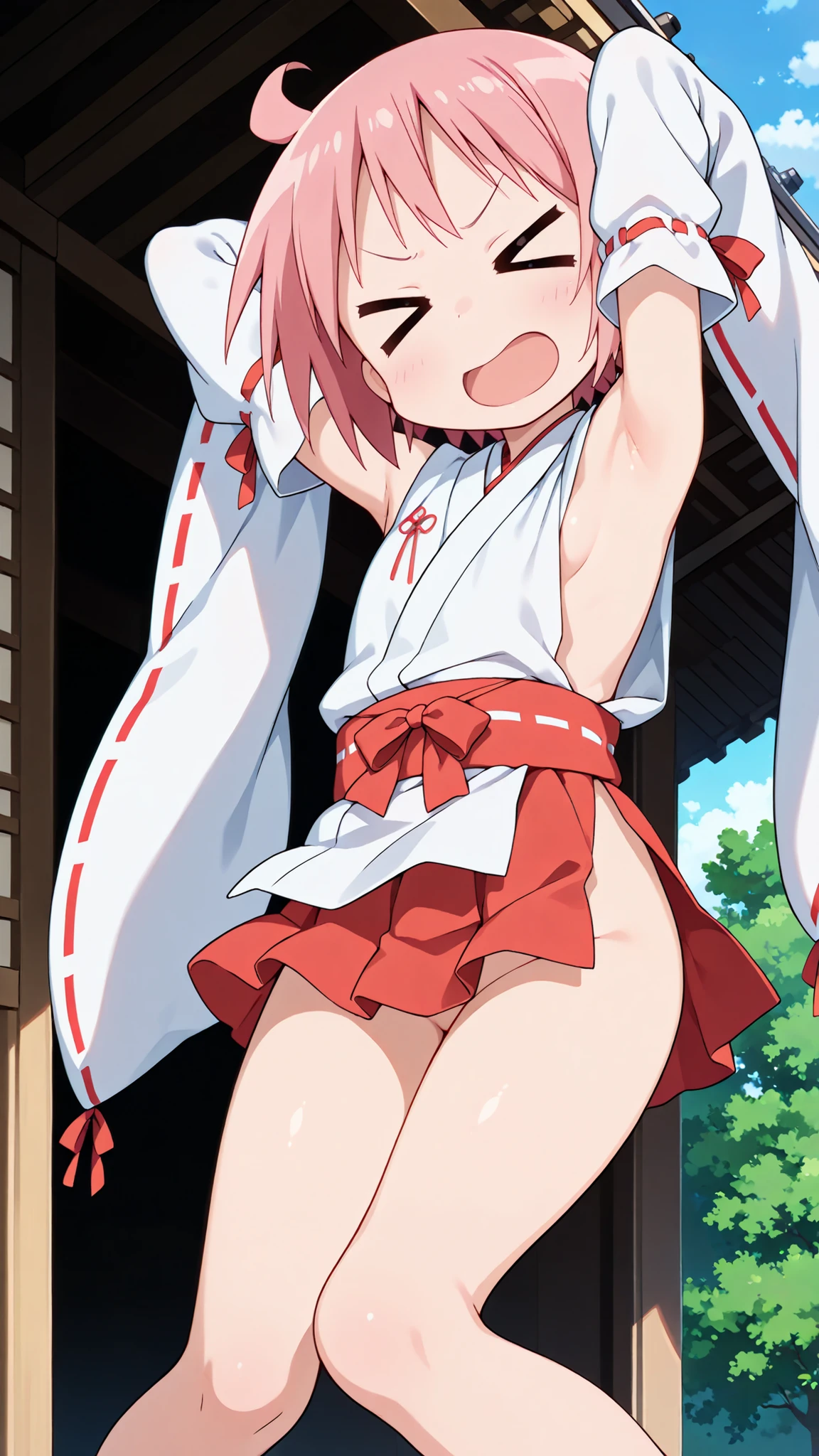 (Perfect body),highest quality,16k、Masseter muscle part、((NSFW))、(())、low length、((((embarrassing))))、:d、Tree Fe○lumes、short hair、(blue eyes),redhead、Pigtails、((Sweat))、((flat chest))、swollen nipples、(Poolside)、cloudy sky、white school swimsuit、second armpit、Hands restrained behind the head、On my back、thick thighs、spread your legs、sleeping on one's back