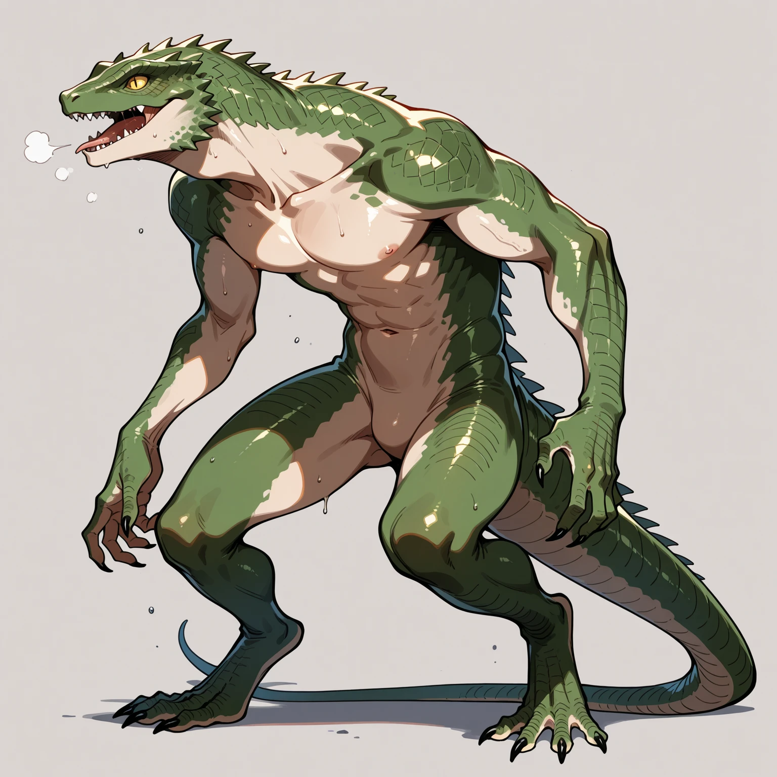 ((((No humans)))), reptiles, Humanity, Crocodile, green body, scale, There is nothing there, Crocodilian, facial, Muscular, green scale、get annoyed、Fighting stance、Movement angle、(White background)