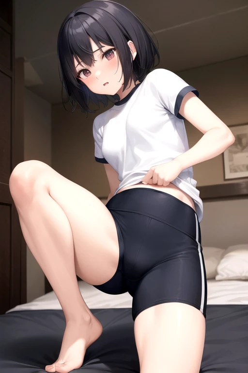 nero, ahoge, blonde hair, braid, buruma, french braid, gym shirt, gym uniform, hair bun, headband, official alternate costume, red buruma, red headband, single hair bun, (green eyes:1.5), hair between eyes, hair intakes,  (master piece, high quality)、anime girl sitting on a mat, しゃがむbeautifulアニメの女の子, anime girl squatting, anime moe art style, ((bloomers)), ((buruma)), thighs!!!, strongest pose, Smooth anime CG art, navy color buruma, (spread your legasterpiece)), ((最high quality)), (Super detailed), ((cute)), ((very detailed)), 最high quality, (beautiful),　anime style, 1 girl, alone, Old school gym clothes(jp)