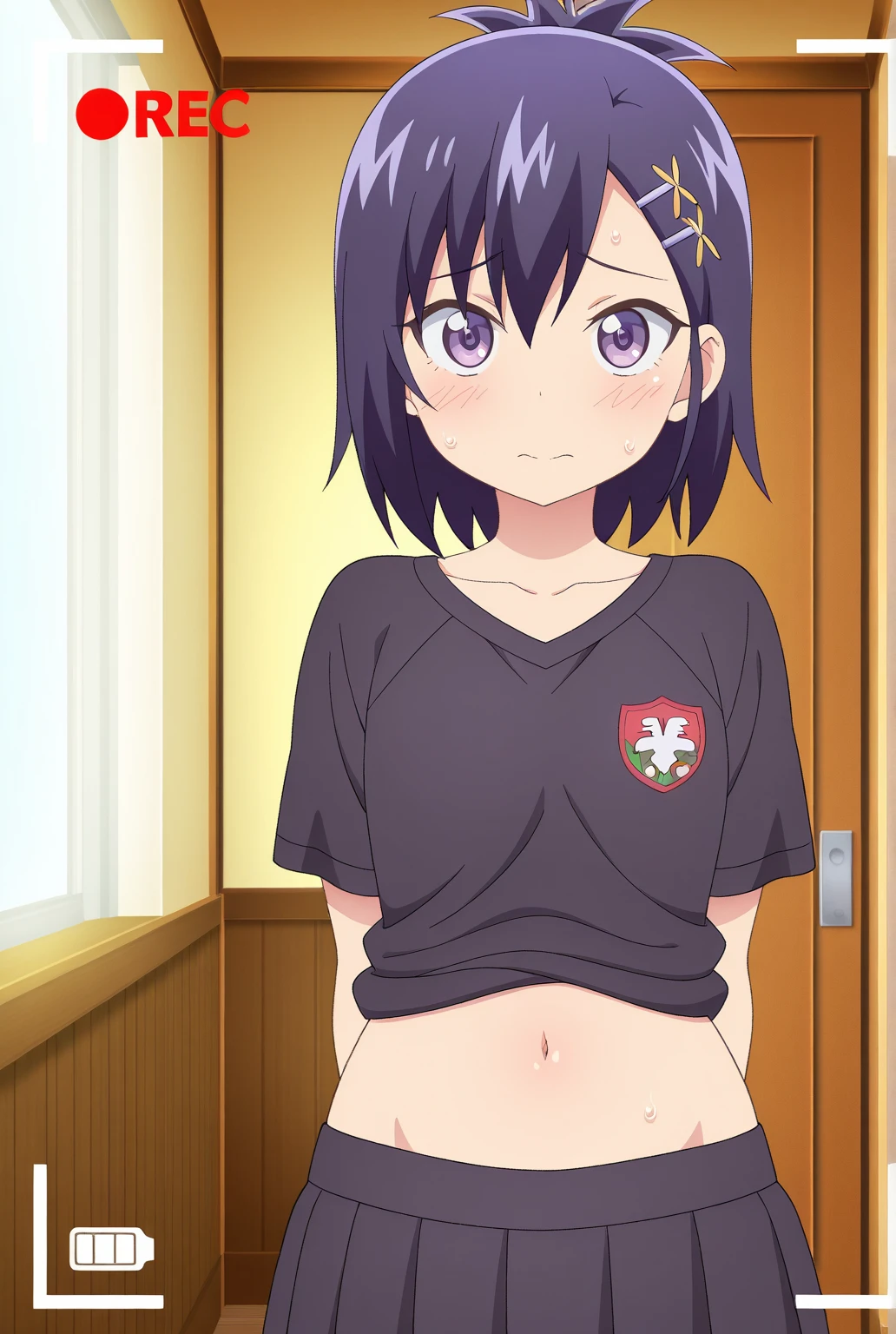 Masterpiece,best quality,alp artstyle,Solo,Sonoda umi love live, cowboy shot, detailed golden eyes, striped tube top, pajamas pants, blushing,standing, in room,sexy,sex toys in the room