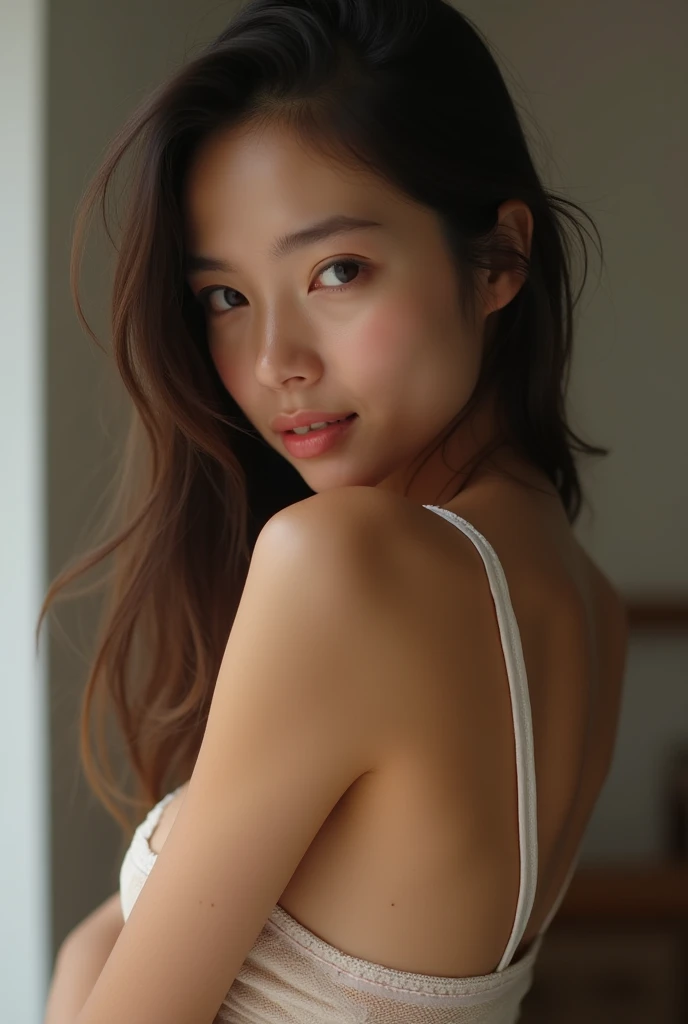 This image shows a scene of a Thai woman in her 40s, with medium-length light brown hair and a plump but well-proportioned figure. She stands nude, the focus being on her beautiful face, which shows a sexy expression and a captivating gaze. The scene is indoors, and there is diffused sunlight, creating soft bokeh. The overall atmosphere conveys a sense of warmth and elegance, emphasizing the woman's alluring yet elegant appearance.