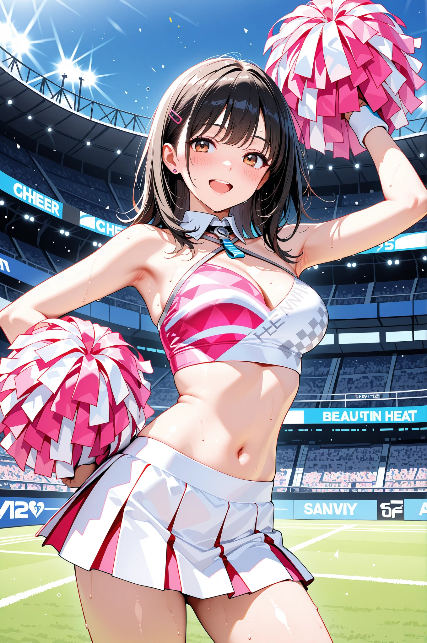 Panty drop:1.5,Clothing with tiger printed on it,tubetops,Underboobs,ponytail,cheerleader, stadium, team spirit, pom-poms, enthusiastic, energetic, crowd, uniform, sports event, cheering, colorful, dynamic pose, happy, vibrant, teamwork, celebration, night game, lights, action