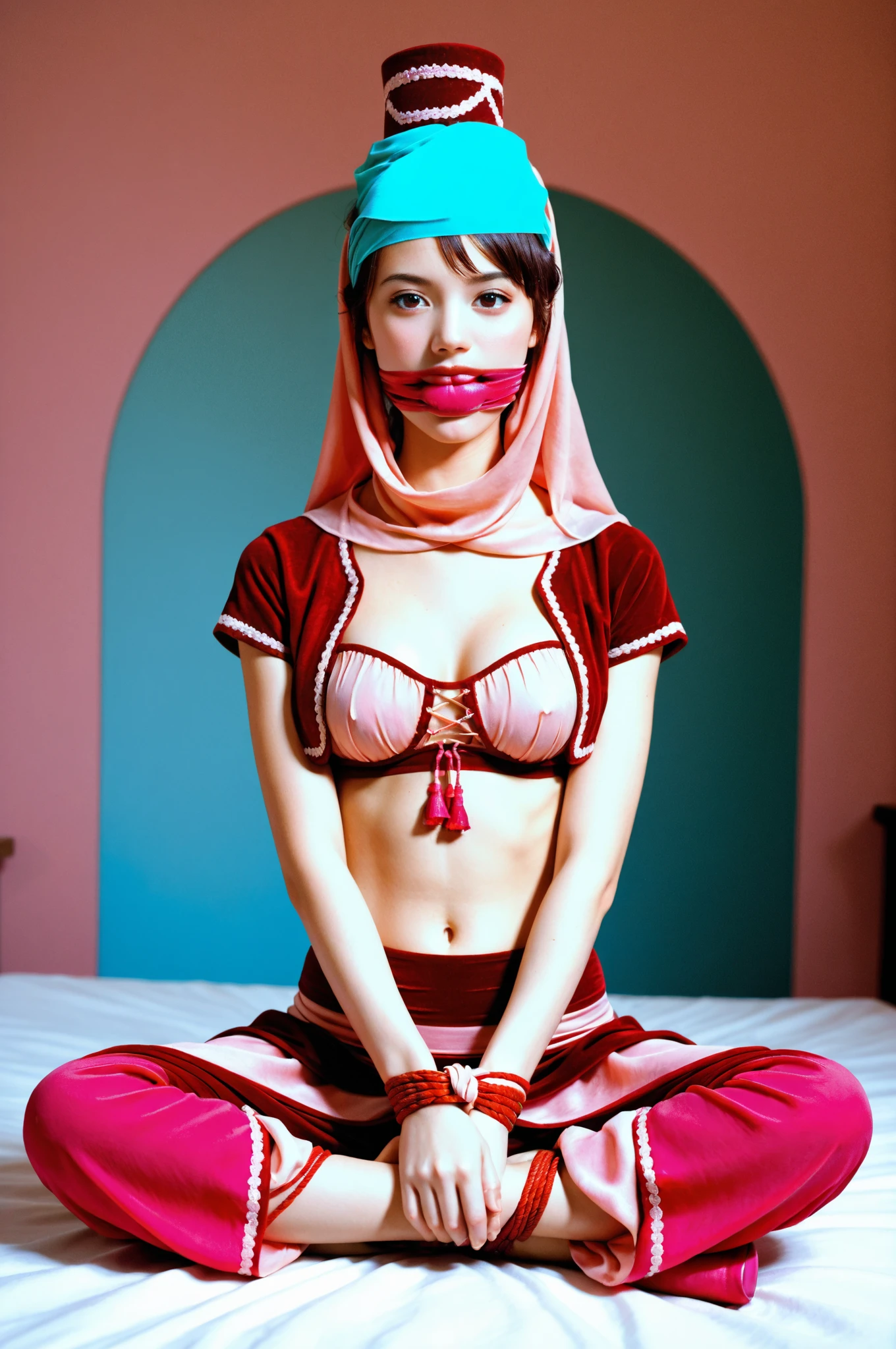 (((wearing pink belly dancer outfit))), Bondage, (sitting in posh bedroom), Tied Woman sitting in a posh bedroom, looking down in dejection,, Full Body, ((arms behind back ankles tied together)), ((legs and ankles tied together)),((legs bondage)), ((ankle bondage)) , ((ankles tied together)), ((unable to walk)), gorgeous sexy Woman very very very skinny anorexic waist, (((20 yrs old girl))), very small exposed breasts, face scared, pain, horror, terrified, crying tears, very long curly brown hair with bangs very high very very long twin tails huge hairbow, hair ribbons, BDSM, slave