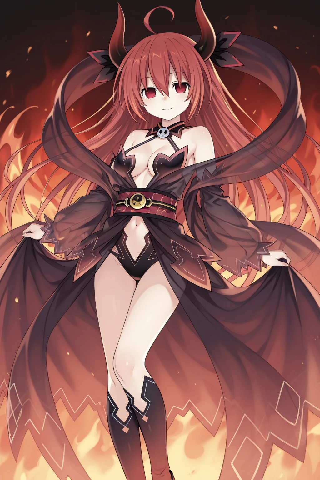 hypnotized anime girl, mind controlled girl, large breasts, hypnotized pose and eyes, red glowing eyes, full body, hands at hips, thoughtless, mindless, no emotions, empty expression, brainwashed, standing at attention, facing the camera, expressionless, brown hair, legs together,red bikini, evil