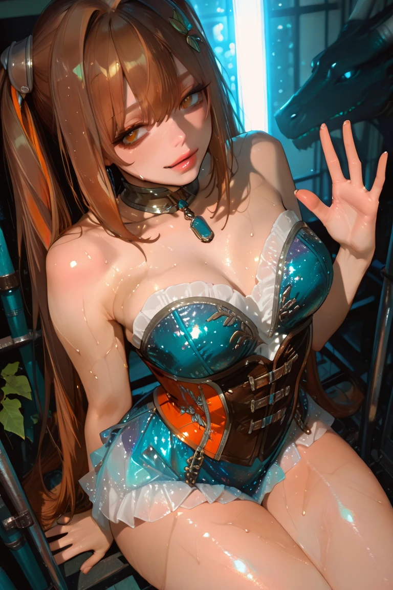 shiina kokomi,brown hair,yellow eyes,medium hair,big breasts,Bust 85 cm,Wedgie in the crotch,micro string bikini,open leg pose