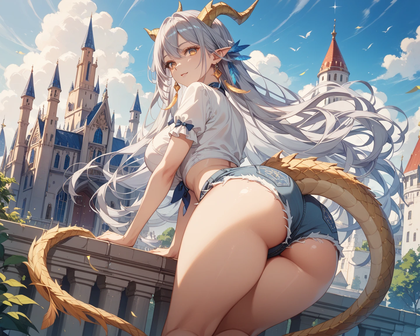 Beautiful arts wallpaper Sunset Outside castle top  High level image quality　best image quality　8K　 adult woman   silver castle outside  more colors   whole body view　portrait　 wearing pure white shaded bikini  　horn   naked ears  　short hair（（shortcut）（gray hair）（perm）（fluffy））　eye color is blue ,  , 　attractive evil face , smile   ,  pulling humans rope ,  labrynth      , barefoot , exposing her ass to others, seduction ,   on green Field , from below