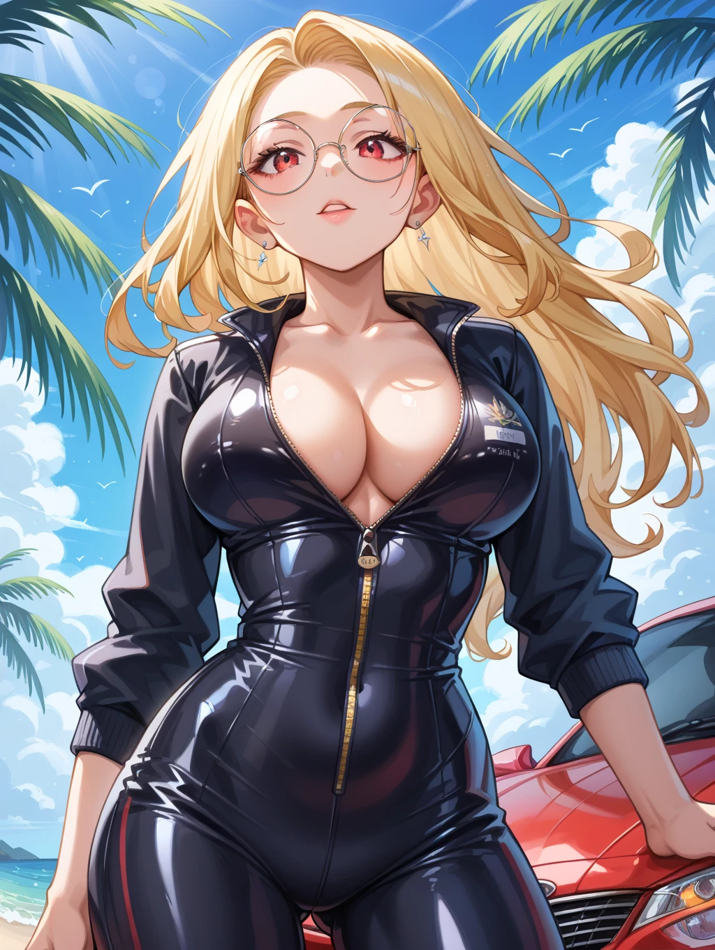 ((Masterpiece, top quality, high resolution)), ((extremely detailed CG unified 8K wallpaper)), (huge stunning goddess shot, very hot and sexy, jaw dropping beauty, perfect proportions, beautiful body, huge breasts, cleavage, slim body beauty:1. 4), Anthropomorphic alpaca woman in leather jacket drinking Coke from bottle, beautiful white curly hair shining in the sunlight, wearing round sunglasses and smiling happily at the camera, a tourist attraction with a view of the ocean