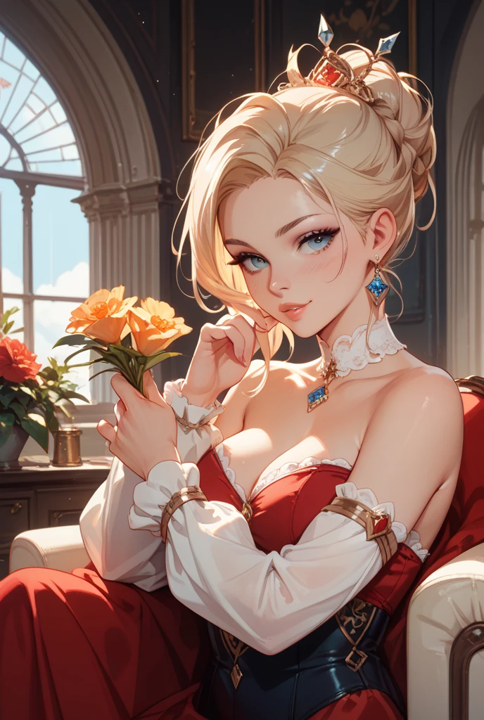 (best quality, ultra-detailed, photorealistic: 1.39), bright and vibrant colors, studio lighting, romantic expression, An effeminate girl, with a delicate and beautiful face. She is a girl who reflects seductive beauty, sparkling red eyes, extremely beautiful woman, naughty smile, in a beautiful lady pose, beautiful dress set in emeralds, beautiful, strapless dress, small breasts, she is a lady, ice kingdom, ice castle