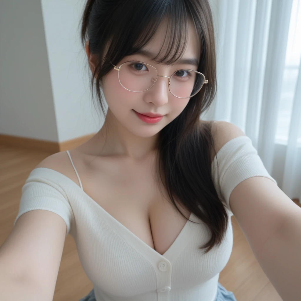 (4 k、top-quality)、(realisitic、Photorealsitic)、(Yakian)、
1girl in、独奏、fullllbody、(face to the viewer)、
perfect hand、perfect foot、up looking_で_the viewer、
whiteshirt、
outside of house、natta、Luxury hotel pool at night、finerly detailed face、wearing round glasses、Slightly chubby、The best smile、White double teeth are visible、White ribbon、Light Brown Long Ponytail,(super gigantic breast, cleavage:1.2),(Naked without a swimsuit:1.3), (Cameltoe),35 year old、Nogizaka Idol、actress、Korean Idol、hposing Gravure Idol,place one's arms behind one's back,raise both arm,(Aside)、