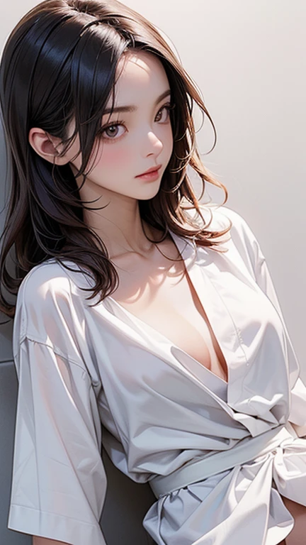 girl in summer clothes, white blouse, light blue shorts, pantyhose or long stockings, making like she wants to kiss you, view from viewer, medium breasts, cleavage, random backgroud, flirtatious look, ((very detailed)), (perfectly detailed face), (well detailed hand) photorealistic image.