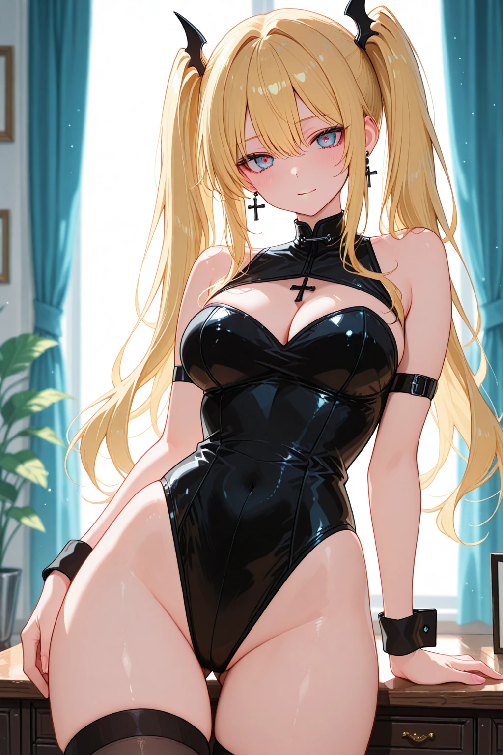 maid golden hair sexy cutout between underboob covered erectile nipples highleg cameltoe black