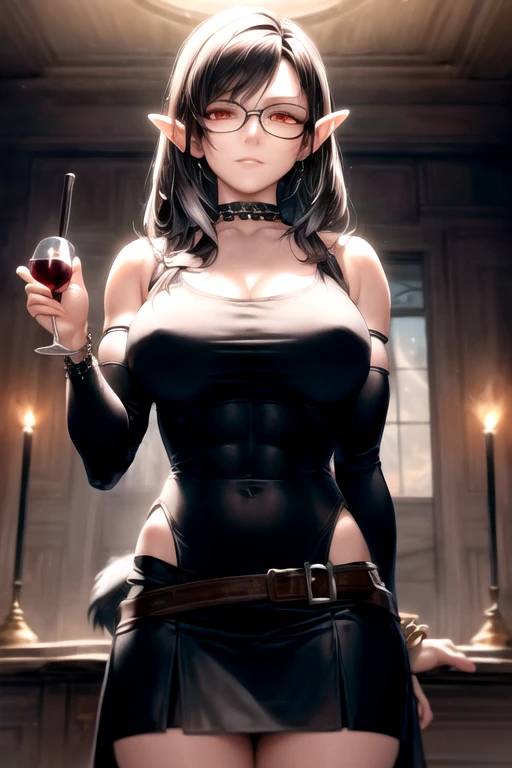 Perfect face, Perfect hands. A brown haired woman with red eyes and an hourglass figure in a Gothic conservative cowgirl is sitting in  an abandoned mine with a big smile