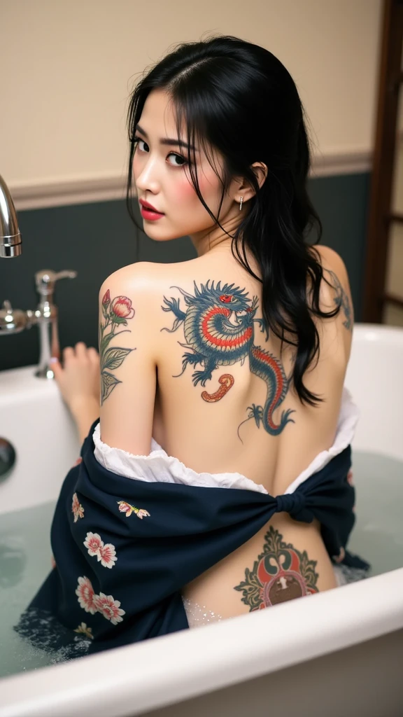 8k, high res, HQ, UHD, (photorealistic:1.4), masterpiece, zoom in, hyper-realistic detailed photography of beautiful (japanese young girl:1.3), wearing ((nothing):1.4), 20 years old, ((soaking down, elegant pose):1.3), ((in the river with clean water, waterfall, stones, moss, forest):1.4), ((slim fit body with (irezumi tattoo:1.5) on back, look at me, loose breast , sexypose, sagging breast, detailed body feature, proportional perfect body, slender posture):1.2), detailed perfect hand, clear bright skin, lustly look, bewitching smile, symmetricaly face, perfect face feature, detailed flawless make-up, perfect face with soft skin, Intricate detailed grey eyes, detailed perfect lips, a bit opened mouth, detailed braid hairstyle, exquisite details, captivating beauty, bewitching smile, playful imagination, intimate moment, perfect composition, dynamic lighting, graceful atmosphere, vivid color tones, ((low angle shot, seen from behind):1.25), focus on face, exposed back body, cinematic lighting, photon mapping, aesthetique,