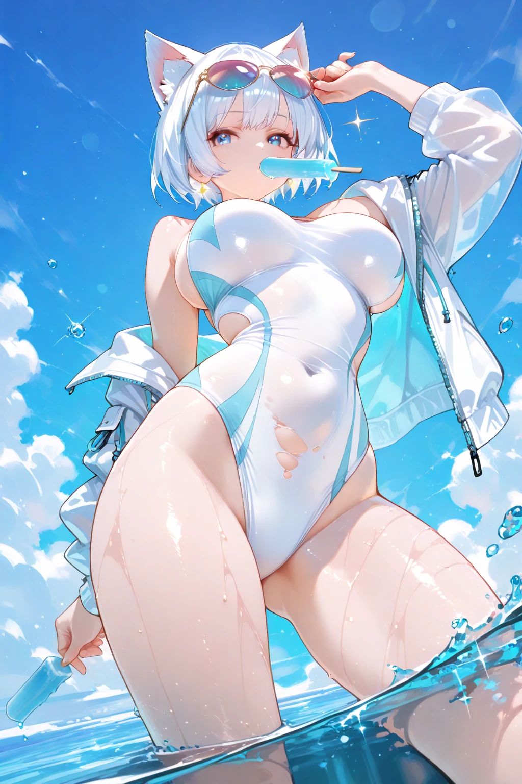 (NSFW), (perfect ???????:1), see-through, masterpiece, high quality, 1girl, very cute, high resolution live, very precise details, love live! style, idol, very CG, curvaceous and well-proportioned beautiful girl with big breasts, wearing a wet white micro bikini with transparent, sheer white side tie bikini bottoms and camel toes. A 16-year-old girl is a seductive anime girl with bare feet with cleavage cutouts with cute anime face with snowflake details,(Five-fingered hands), (Short hair:1), (Yotsuba Nakano:1)