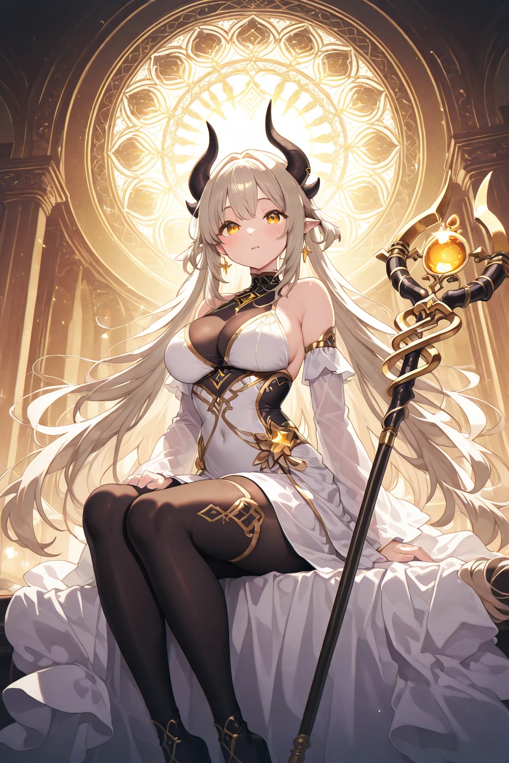 8K、Cute Demon King、aldult、Queen of the Demon World、Sitting on the throne、Pure white hair、horn、Demonic demon king costume、Big Breasts、Showing a lot of skin、Narrow eyes、Eye line、smile、tall、Protruding chest、Noise reduction