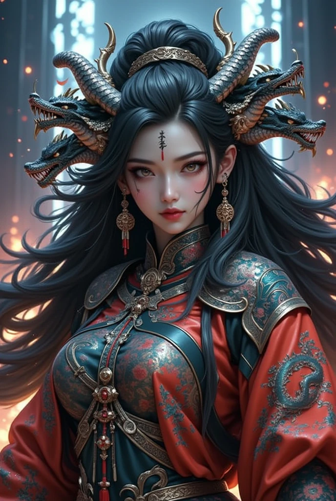 blood girl, and a huge fire yellow lion, made of smoke, wearing a warrior outfit complete with armor hovering around the ruins of an ancient temple, inspired by Japanese gods, carrying a huge divine sword, temple background, Japan, dark, horror vibes, , smoke , fire , big add some big snakes in the back , Japanese mythical god , evil smile , crazy eyes , blindfold , fuji color , high detail , high quality , accurate