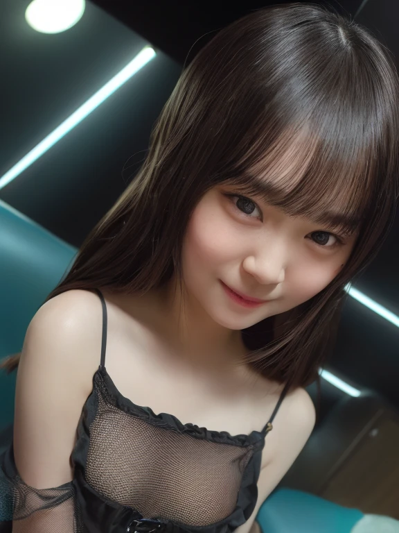Melhor qualidade, , black hair, long hair, baby face, pequena, linda, sorrindo, em casa, corpo todo, nova, peito pequeno, mostrando o peito, Messy hair, mostrando o corpo, luz real, realista, bem detalhado, good lighting environment, abajour, dress with bow, vestido curto, foto