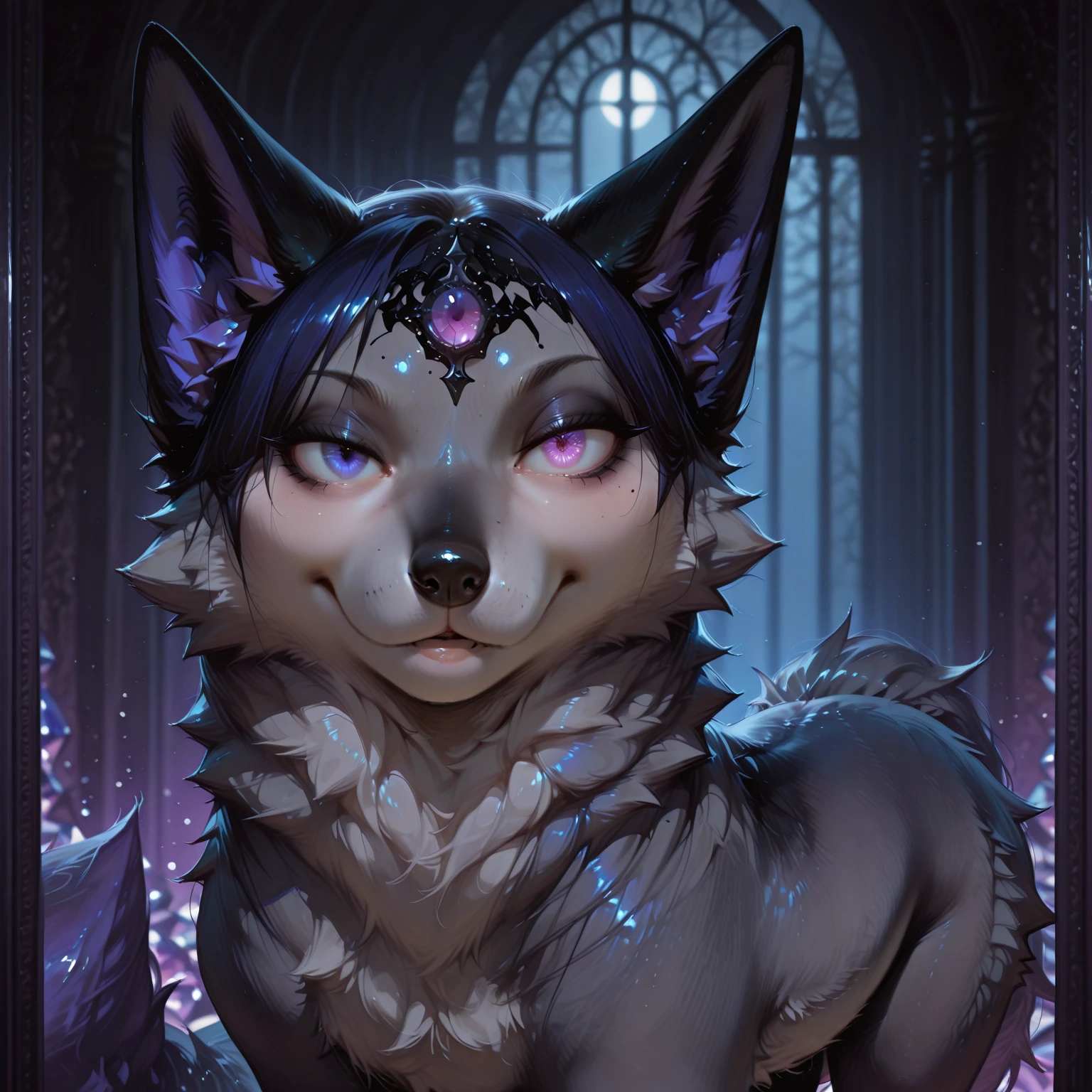 Shikabane, duo, cute purple skunk girl, blue eyes, , medium breasts, smiling softly, mouth open, low angle shot, glowing blue eyes, barefoot, pov squatting  ,  with human viewer, female riding viewer, (pov_):1.5, in a graveyard, nighttime, red moon, by teranen, by freeedon, , glowing demonic blue tattoos on ,   ,  attached to human pelvis