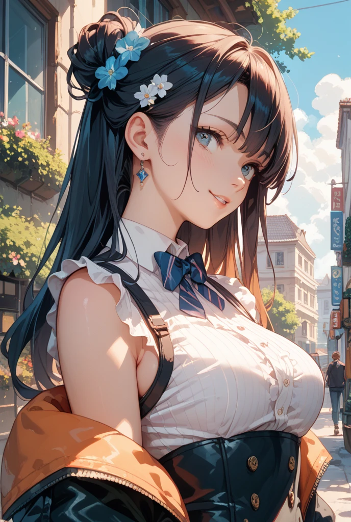 1girl, solo, summer, village, trees, sun, clouds, ((colorful hair)), long hair, curly hair, ponytail, large breasts, ((black blazer)), button down shirt, ((white shirt)), ((short sleeved shirt)), ((unbuttoned shirt)), unbuttoning buttons, cleavage 1:3, brown eyes, skirt, smile, looking at the viewer, standing, touching neck, hair ribbon, golden necklate